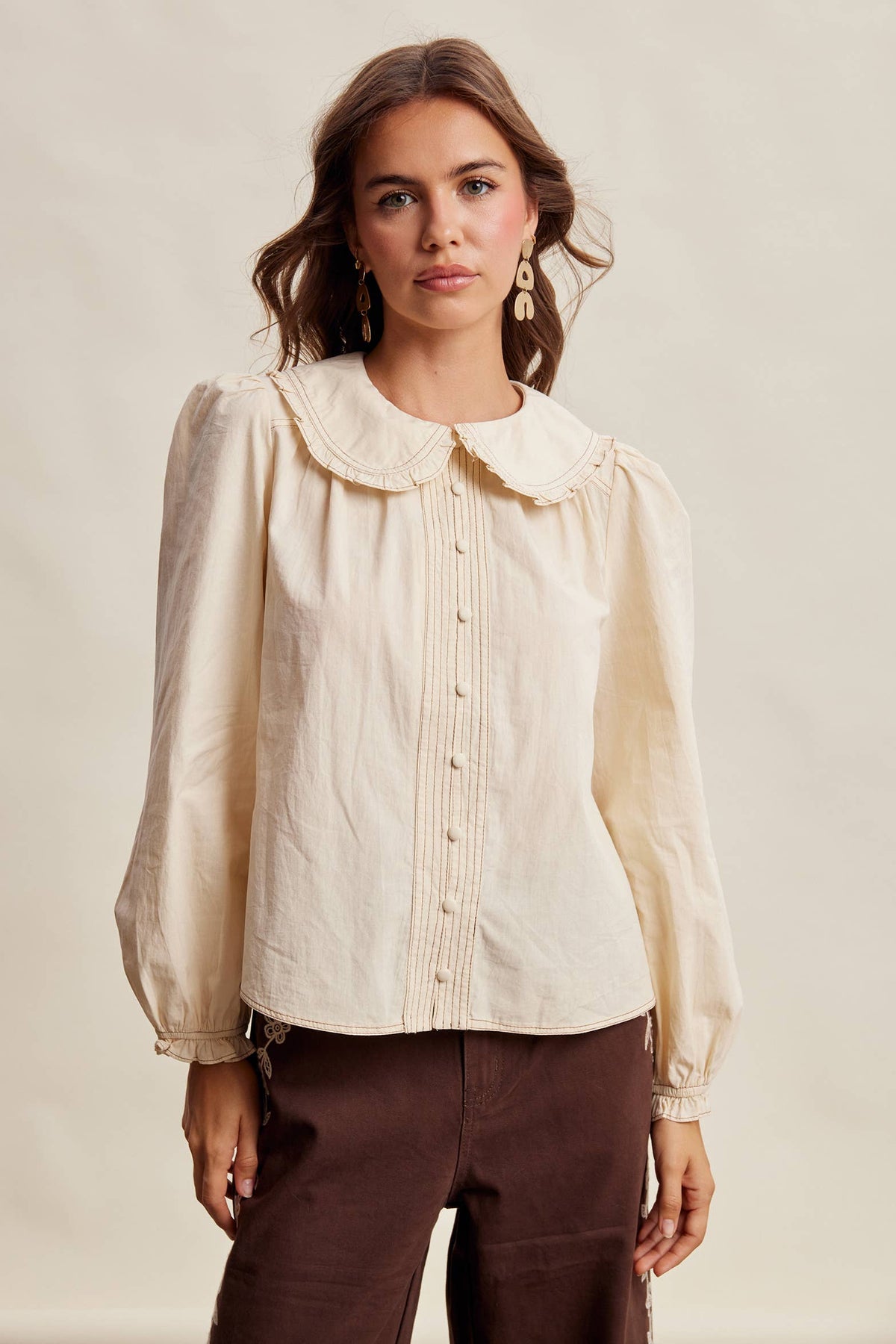 Contrast Stitch Ruffle Collar Cotton Blouse: Cream