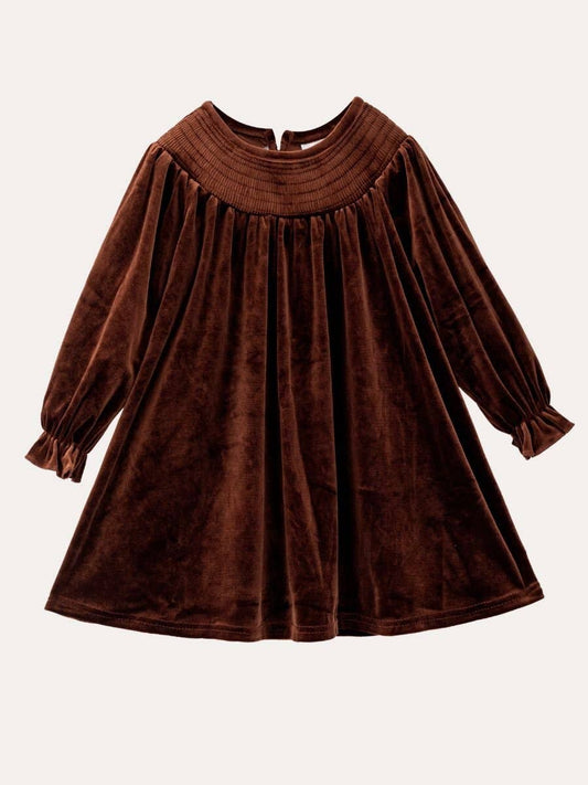 Classic Smocked Holiday Girls Velvet Dresses: Chocolate