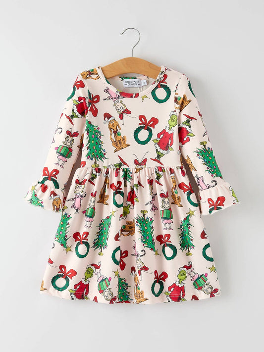 Christmas Grinch Dress with Ruffle Sleeves
