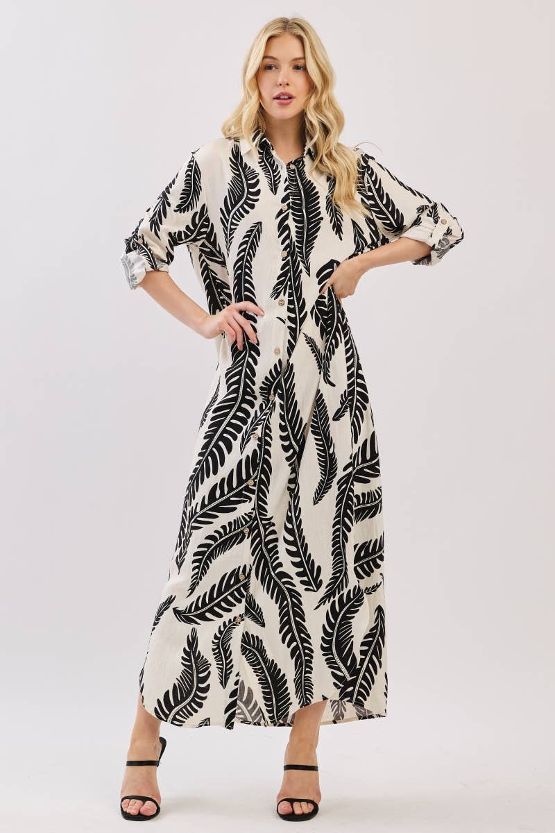Palm Print Button-Down Maxi Dress