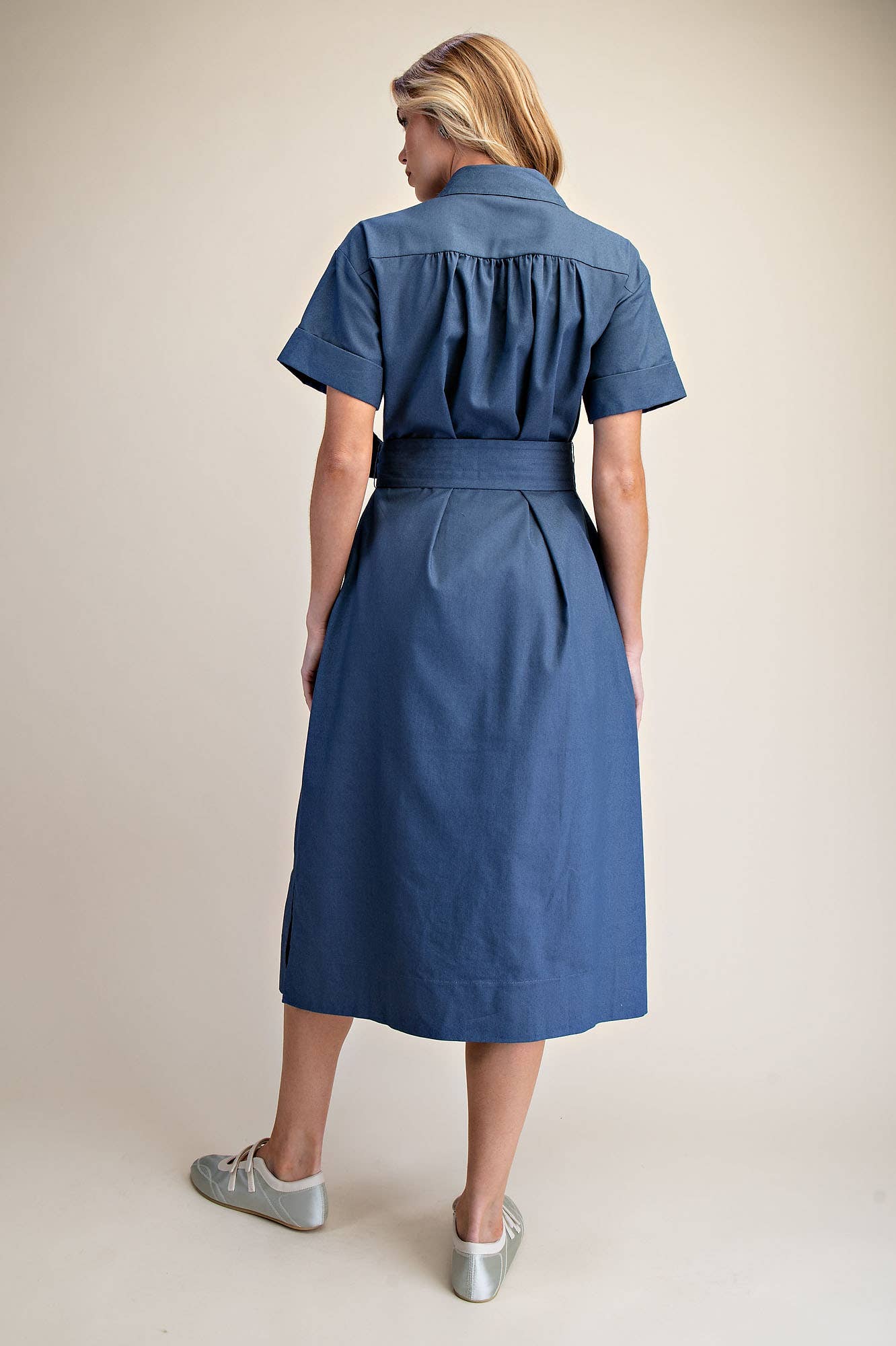 Collar Neck Button Down Shirt Waist Tie Midi Dress: Indigo