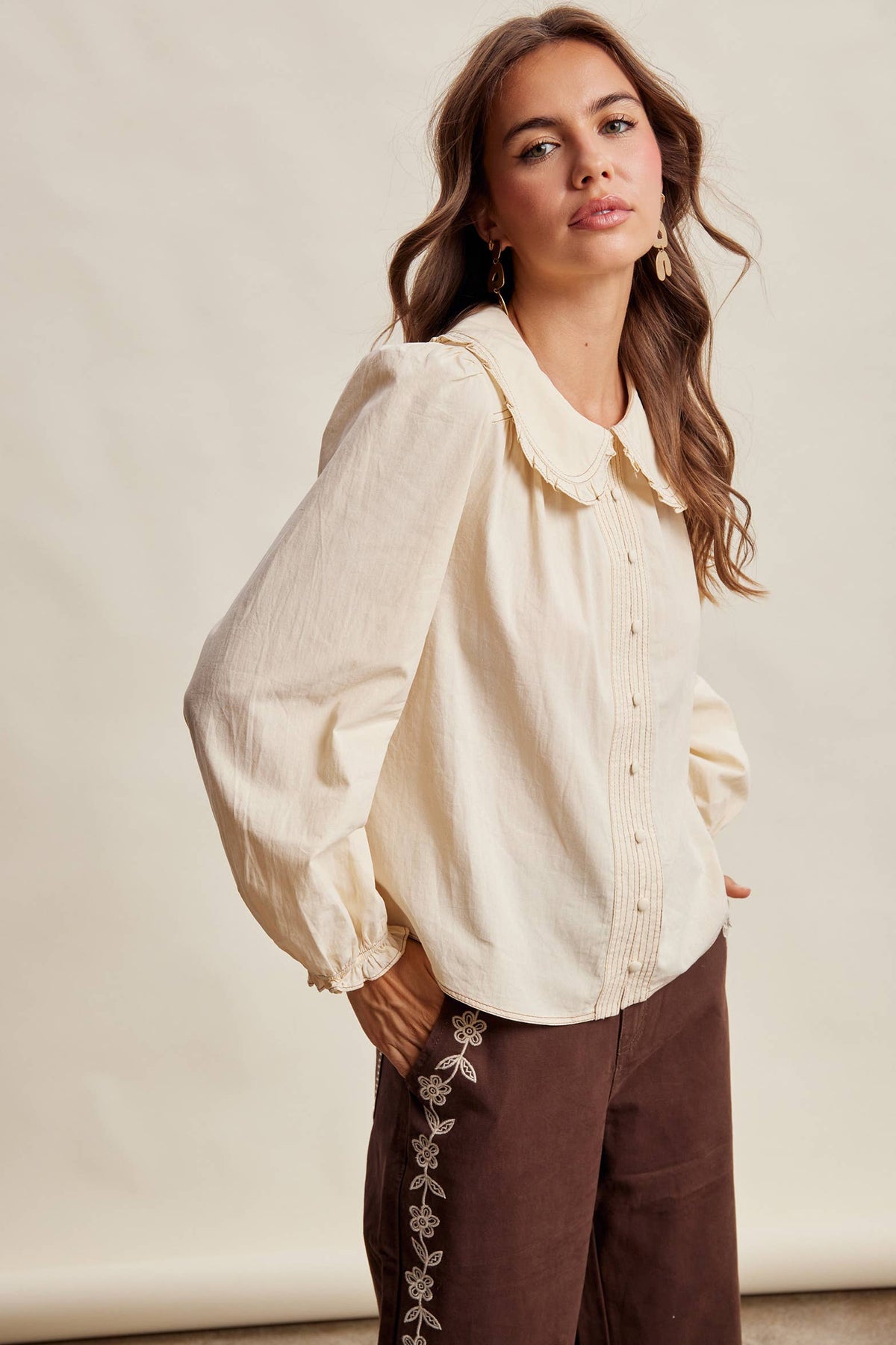 Contrast Stitch Ruffle Collar Cotton Blouse: Cream
